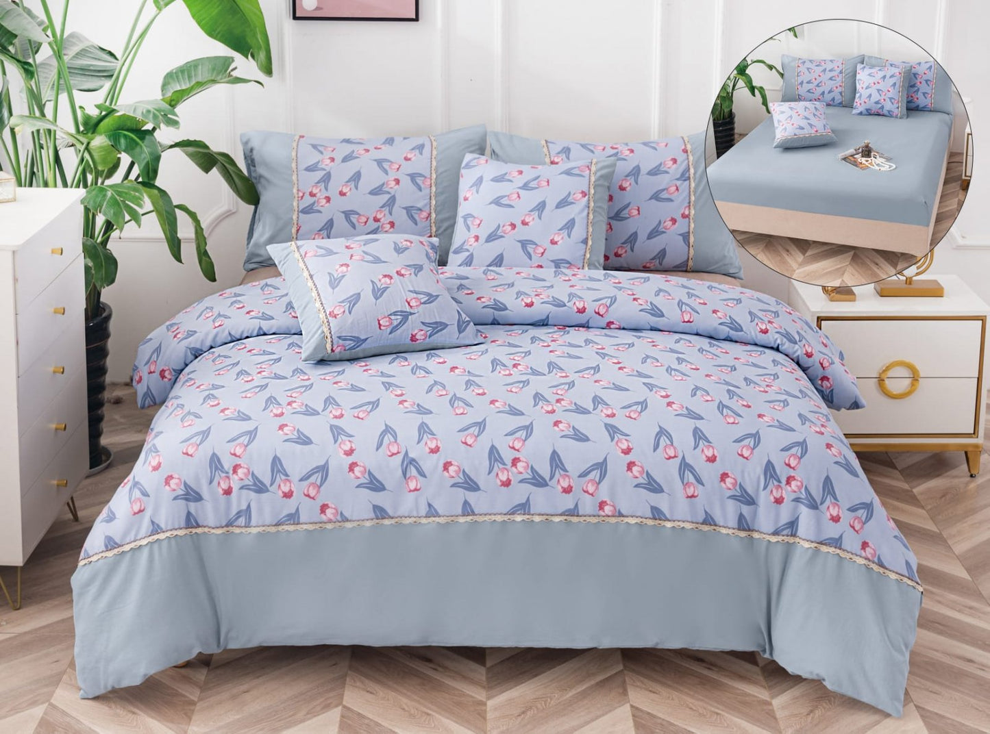 Lenjerie Pat Dublu Bumbac Fin, 6 Piese, cu Elastic, Bleu/Lalele-A6497