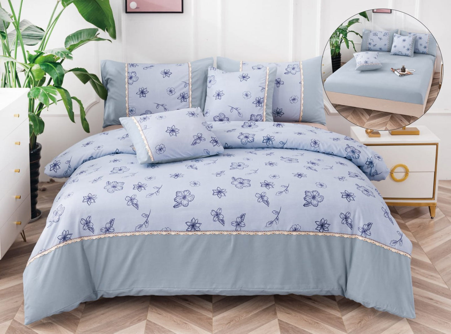 Lenjerie Pat Dublu Bumbac Fin, 6 Piese, cu Elastic, Bleu/Floricele-A6501