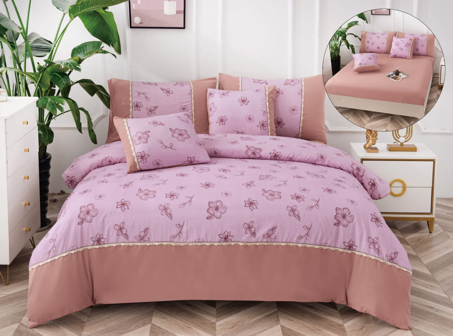 Lenjerie Pat Dublu Bumbac Fin, 6 Piese, cu Elastic, Roz/Floricele-A6502