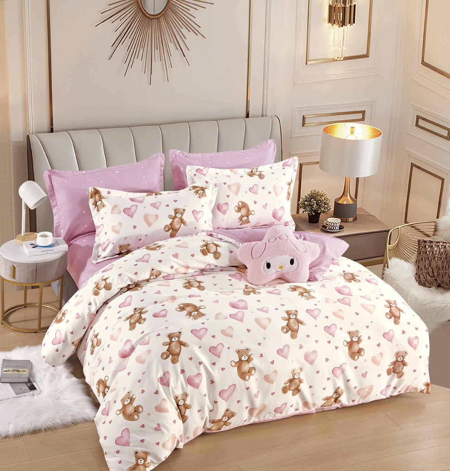 Lenjerie Pat Dublu din Finet, 6 Piese, Ursuleti/Inimioare-C7888