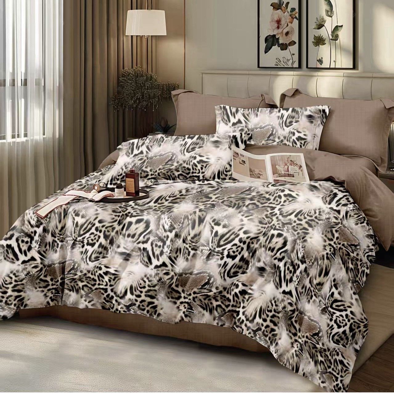 Lenjerie Pat Dublu din Finet, 6 Piese, Animal Print-D7574