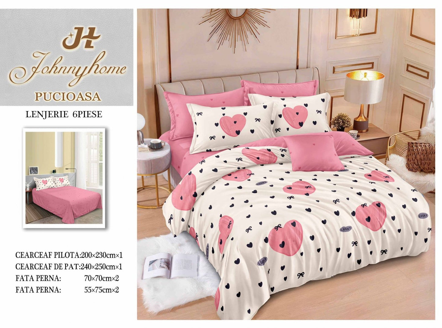 Lenjerie Pat Dublu din Finet, 6 Piese, Inimioare/Fundite-H7684