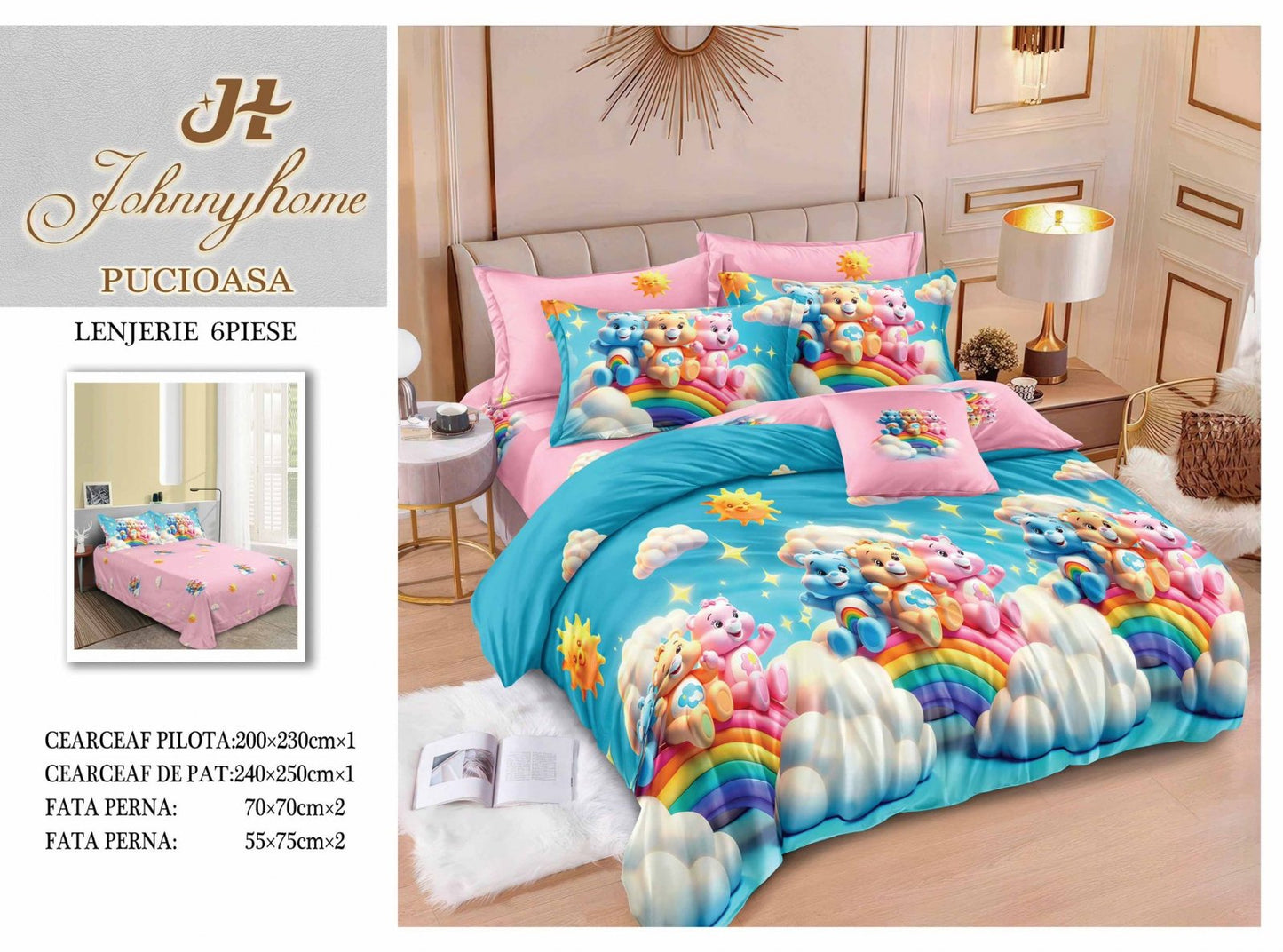 Lenjerie Pat Dublu din Finet, 6 Piese, Ursuleti/Curcubeu-H7690