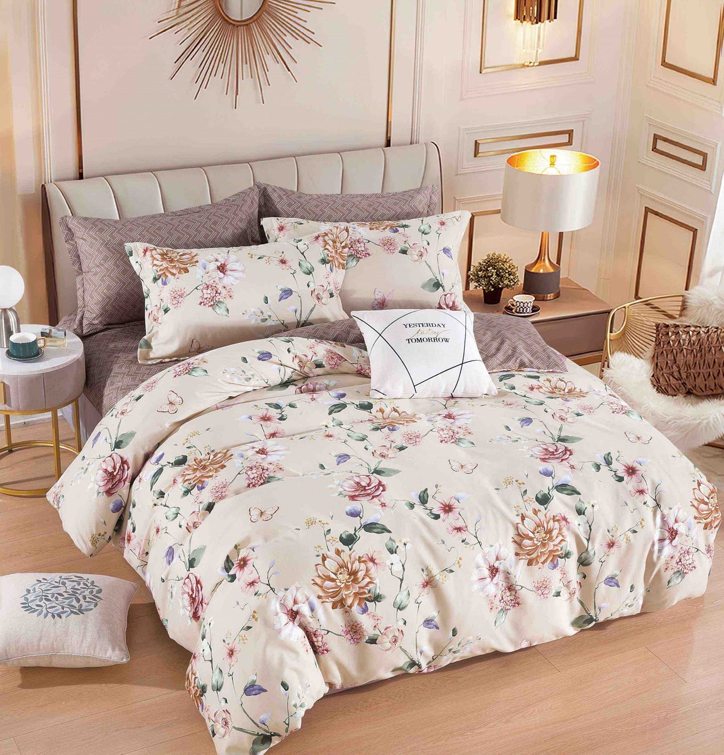 Lenjerie Pat Dublu din Finet, 6 Piese, cu Elastic, Crem/Flori-C6549