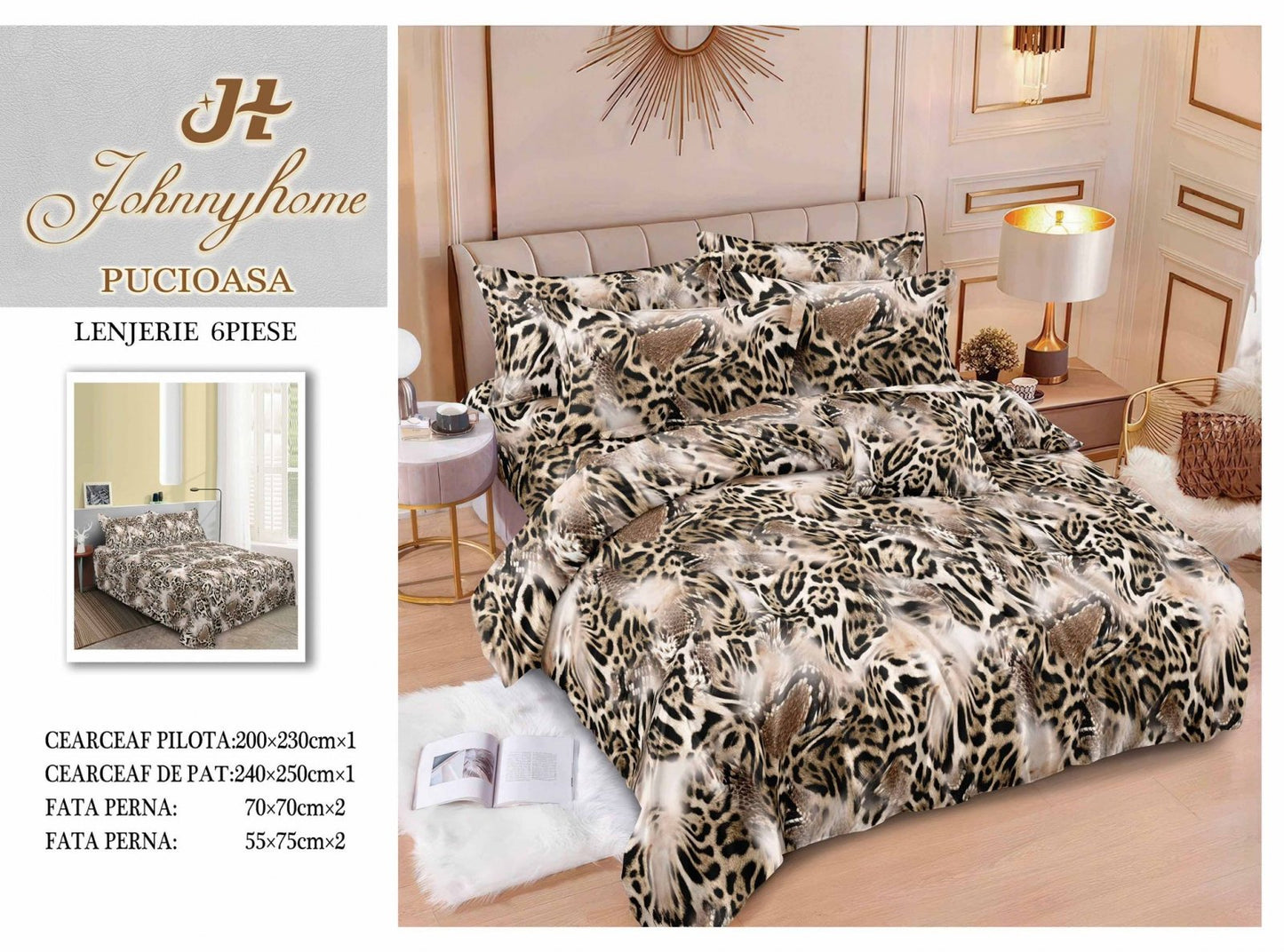 Lenjerie Pat Dublu din Finet, 6 Piese, Animal Print-H7696