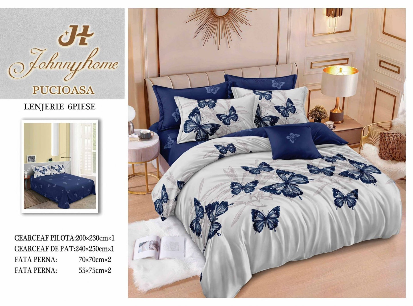 Lenjerie Pat Dublu din Finet, 6 Piese, Fluturi-H7692