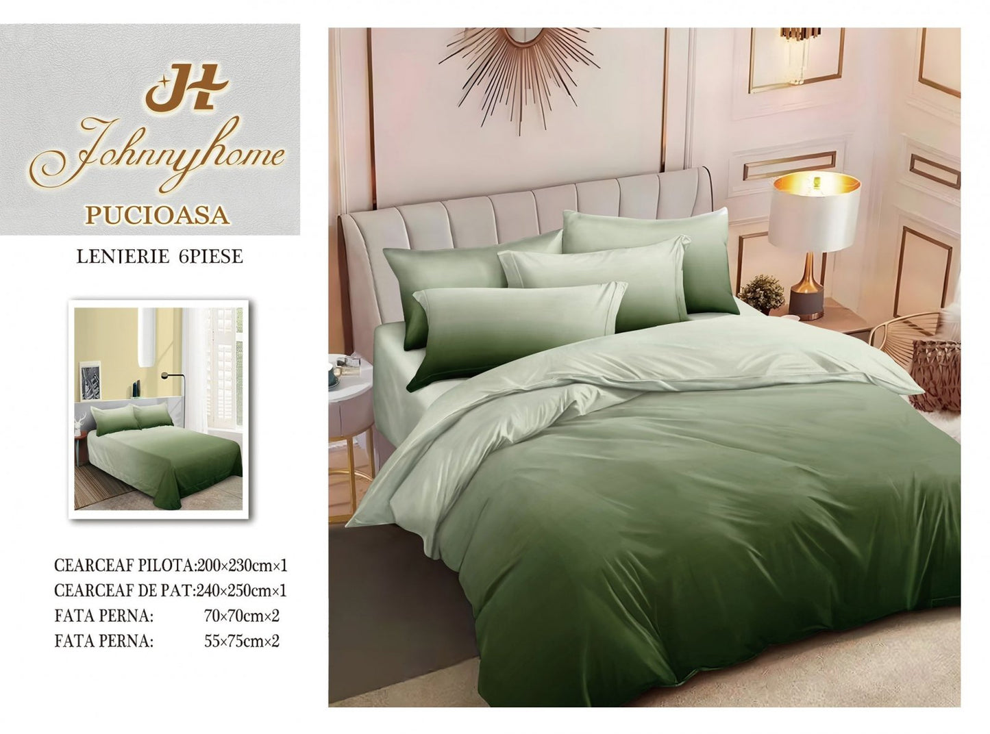 Lenjerie Pat Dublu din Finet, 6 Piese, Verde Degrade-H7554