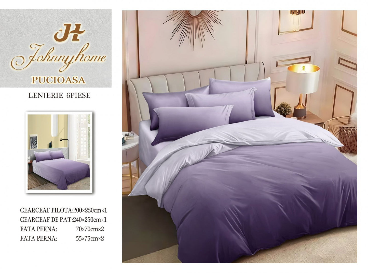 Lenjerie Pat Dublu din Finet, 6 Piese, Mov Degrade-H7553