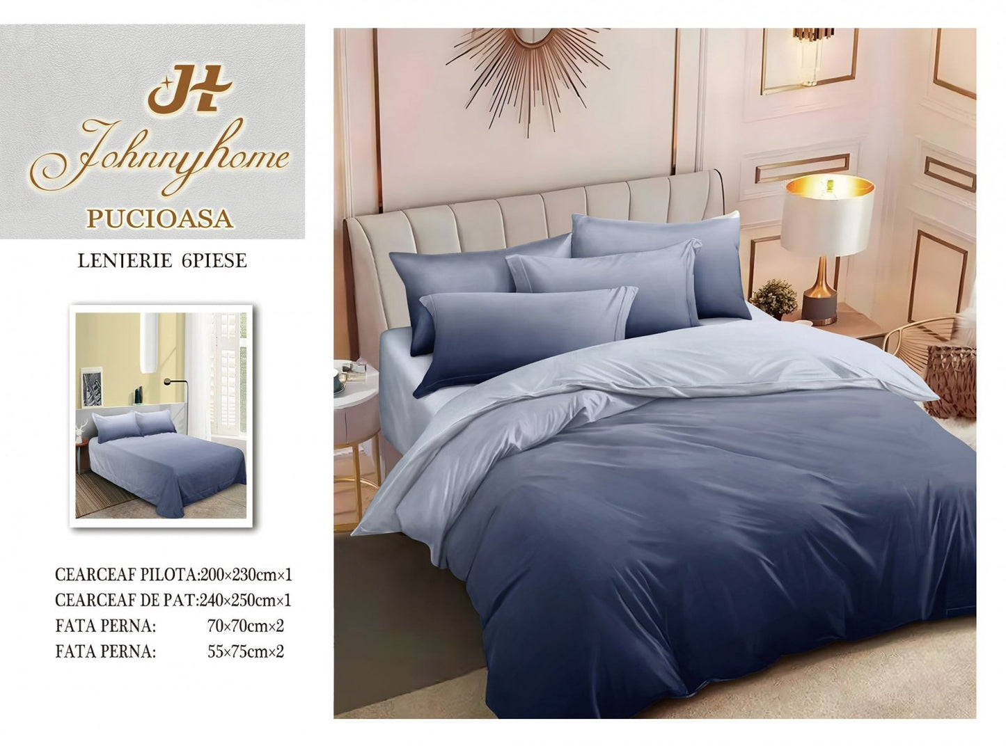 Lenjerie Pat Dublu din Finet, 6 Piese, Bleumarin Degrade-H7555