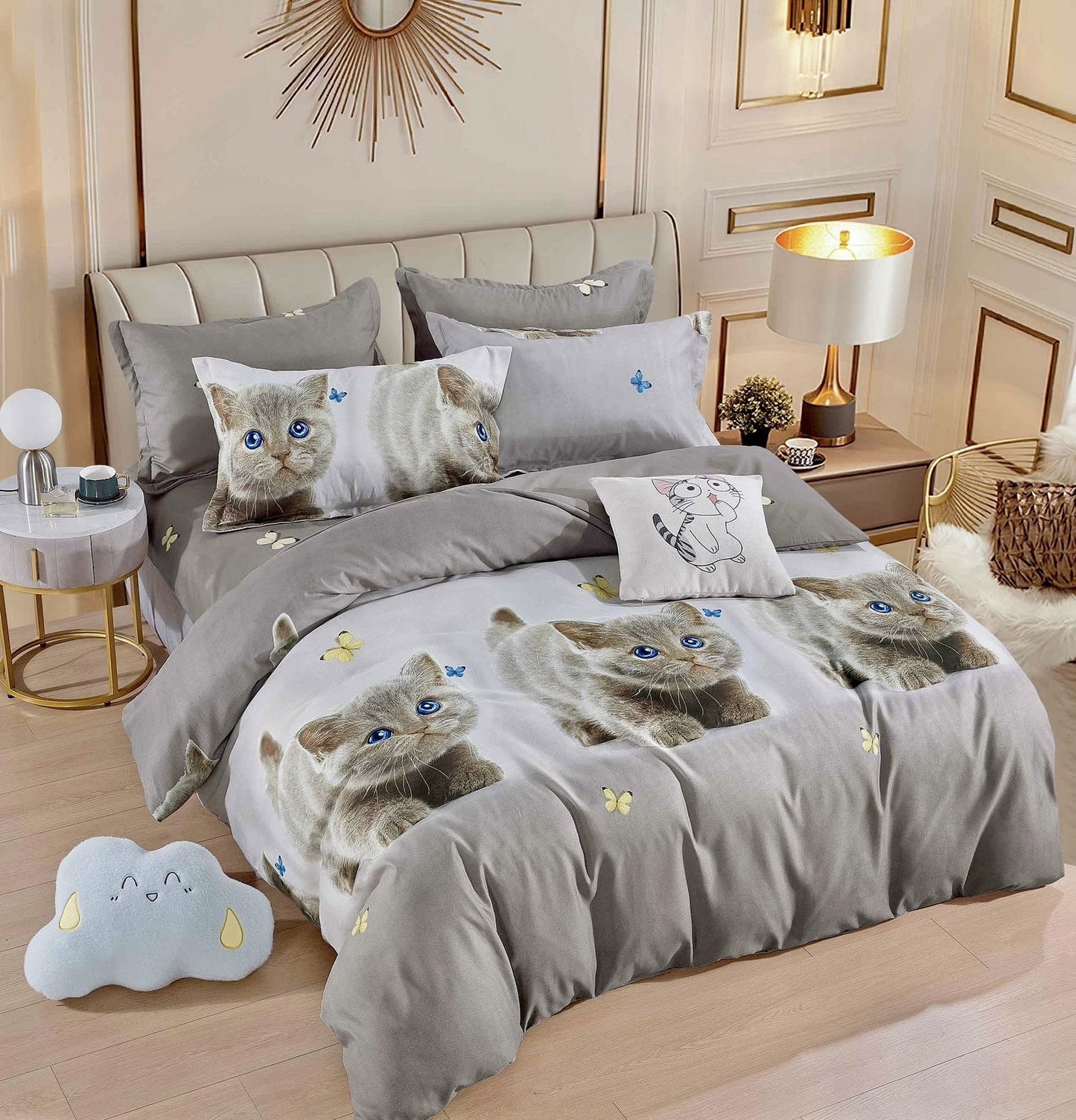 Lenjerie Pat Dublu din Finet, 6 Piese, Gri/Pisicute-C6743