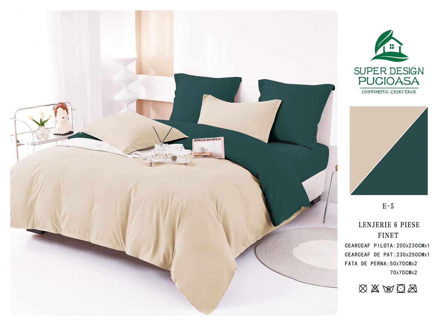Lenjerie Pat Dublu din Finet 6 Piese, Uni, Bicolor, Bej/Verde-V6455