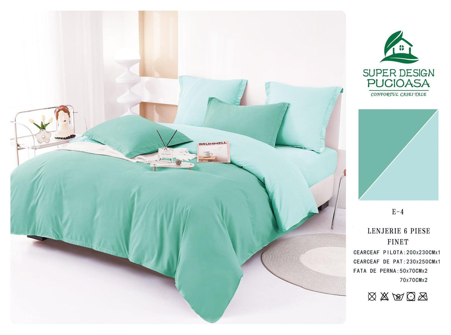 Lenjerie Pat Dublu din Finet 6 Piese, Uni, Bicolor, Verde Inchis/Verde Deschis-V6453