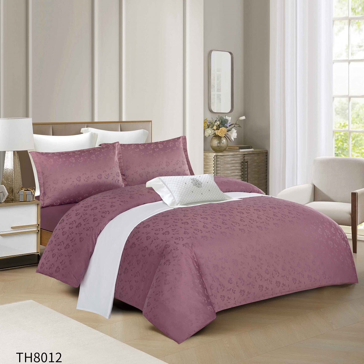 Lenjerie Pat Dublu din Jacquard Satinat Extra Fin, 4 Piese, cu Elastic, Mov Prafuit-P8137