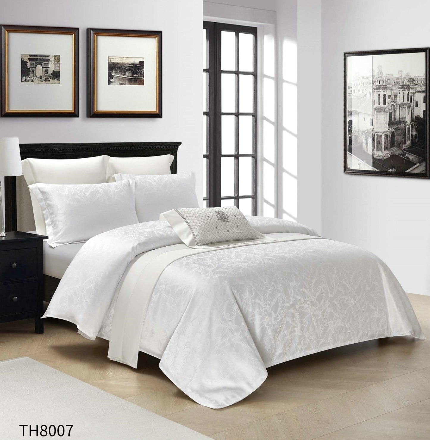 Lenjerie Pat Dublu din Jacquard Satinat Extra Fin, 4 Piese, cu Elastic, Alb-P7475