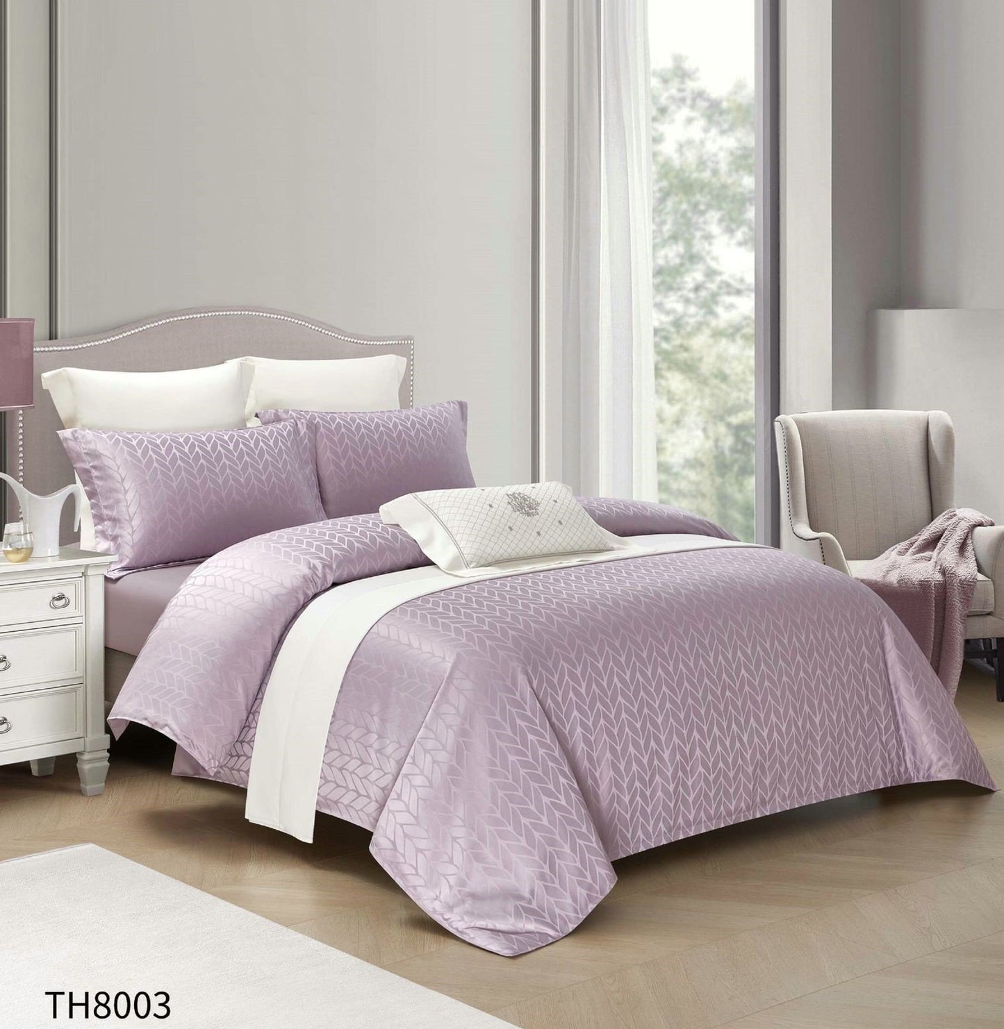 Lenjerie Pat Dublu din Jacquard Satinat Extra Fin, 4 Piese, cu Elastic, Lila-P7477