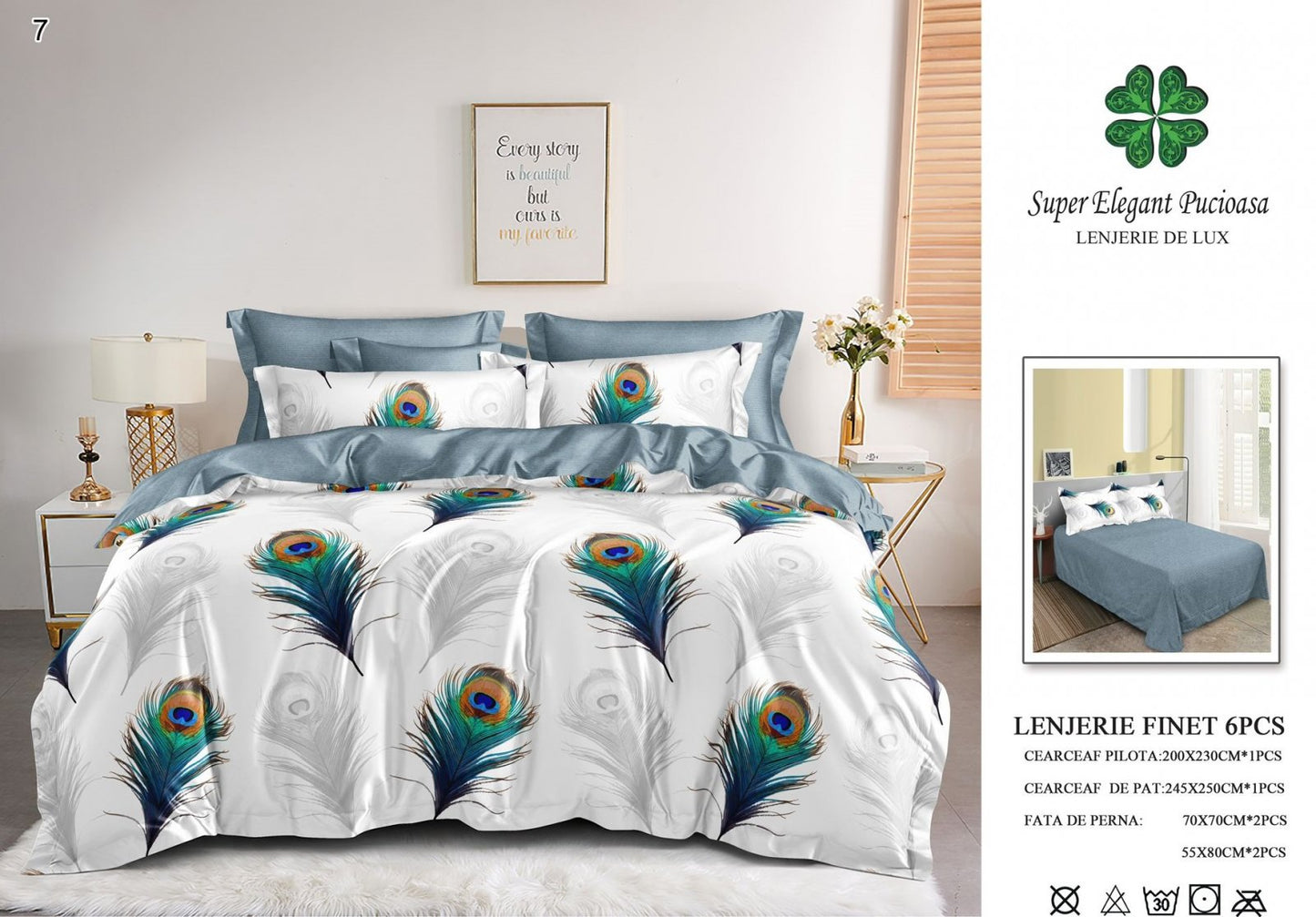 Lenjerie Pat Dublu, Finet, 6 Piese, Alb/Pene-SEP7054