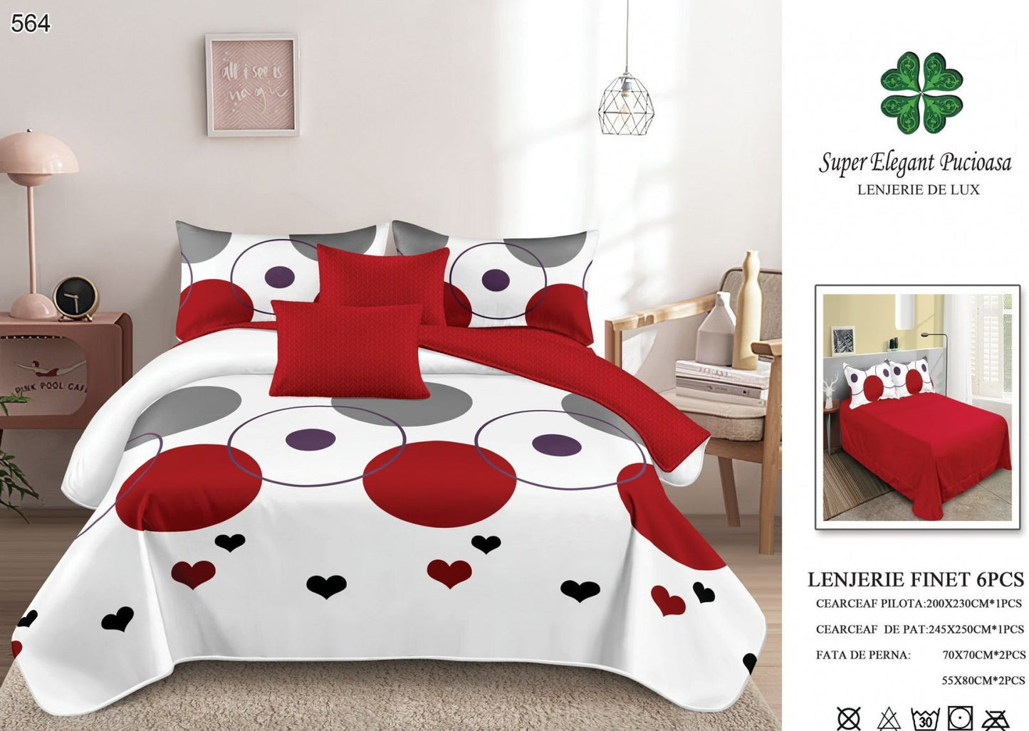 Lenjerie Pat Dublu, Finet, 6 Piese, Cercuri/Inimi-SEP7055