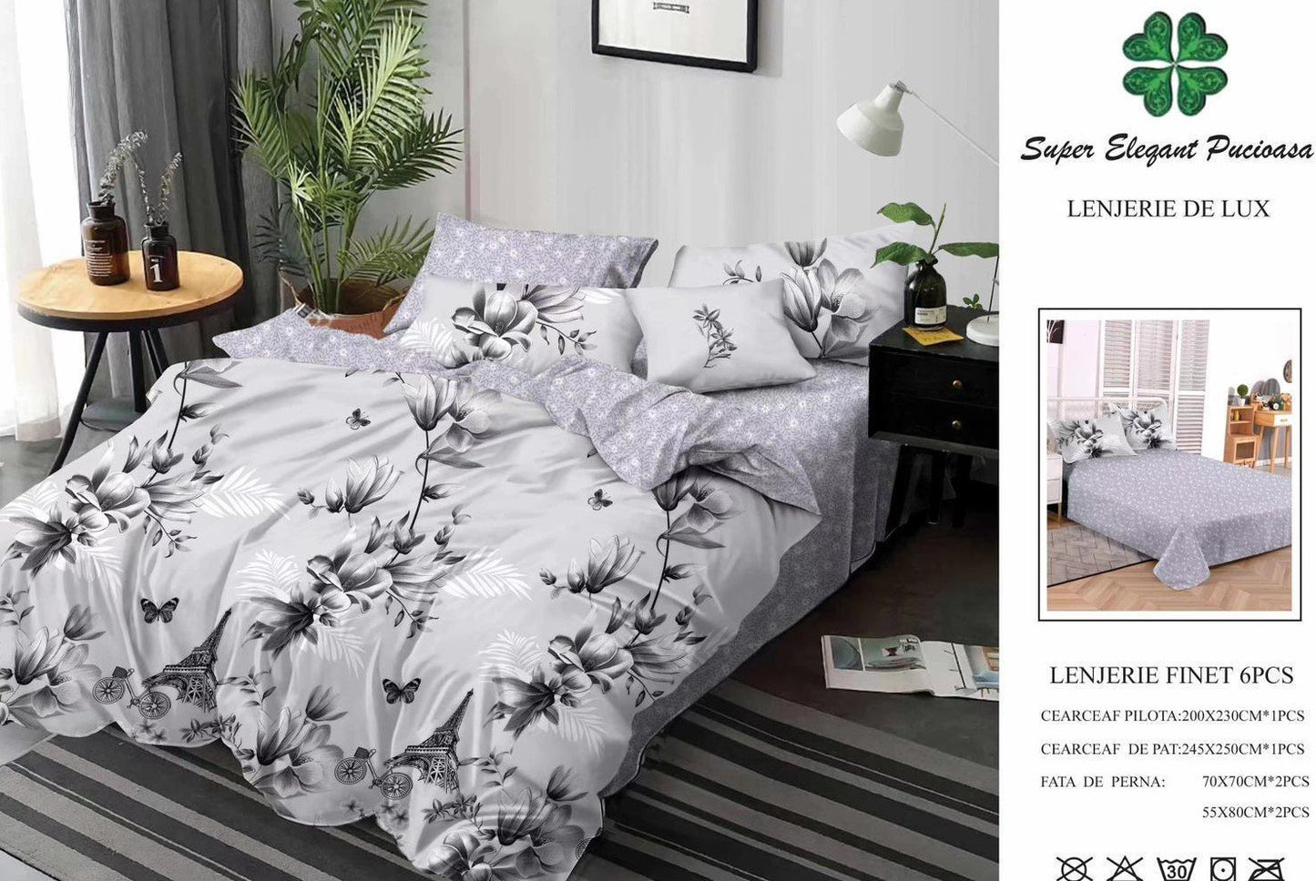 Lenjerie Pat Dublu, Finet, 6 Piese, Gri/Flori/Turn Eiffel-SEP7124