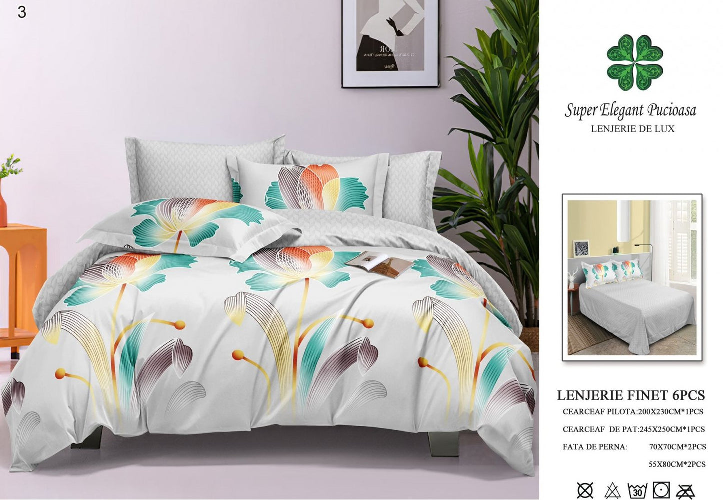 Lenjerie Pat Dublu, Finet, 6 Piese, Gri/Frunze-SEP7040