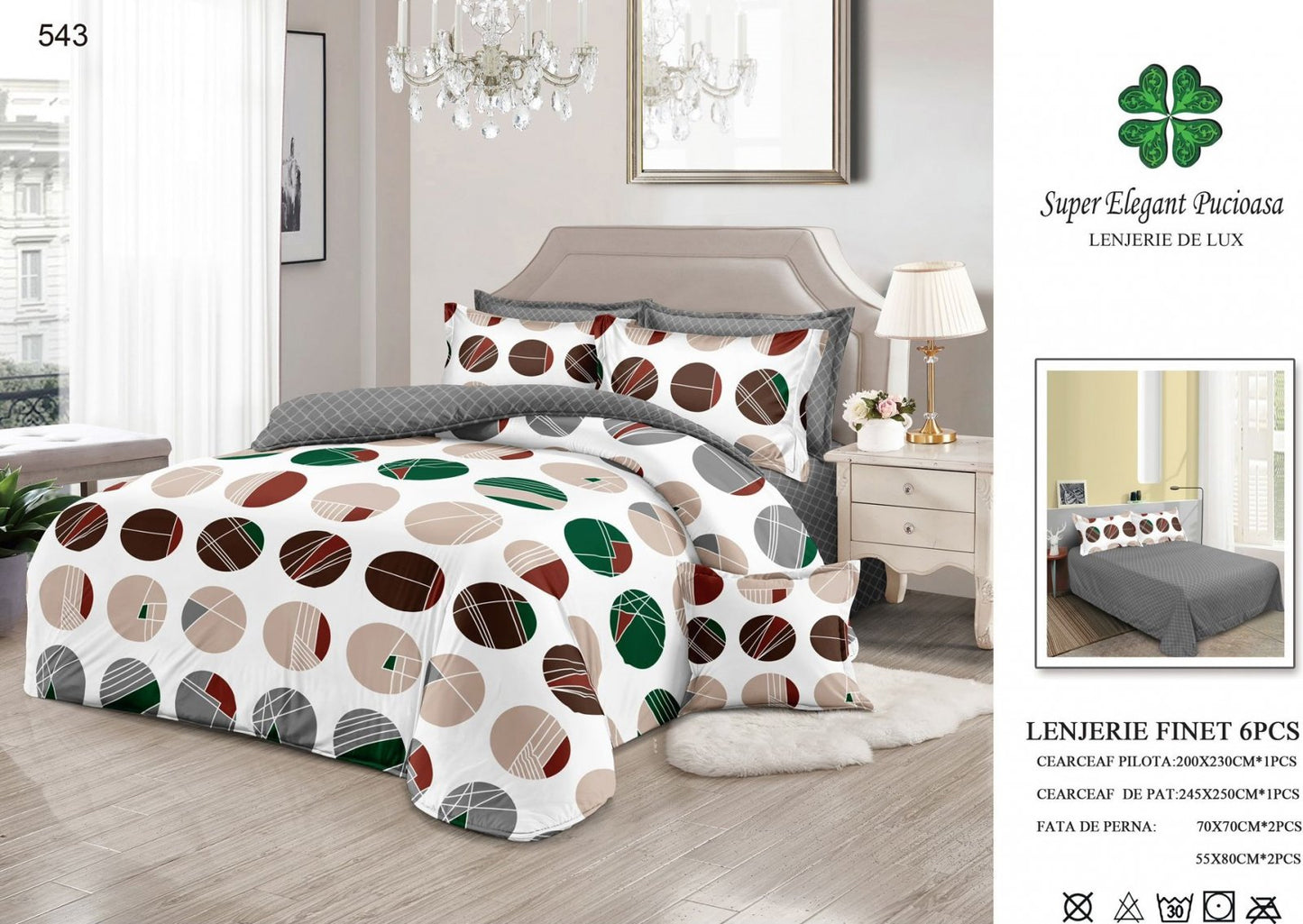 Lenjerie Pat Dublu, Finet, 6 Piese, Alb/Gri/Buline-SEP7050