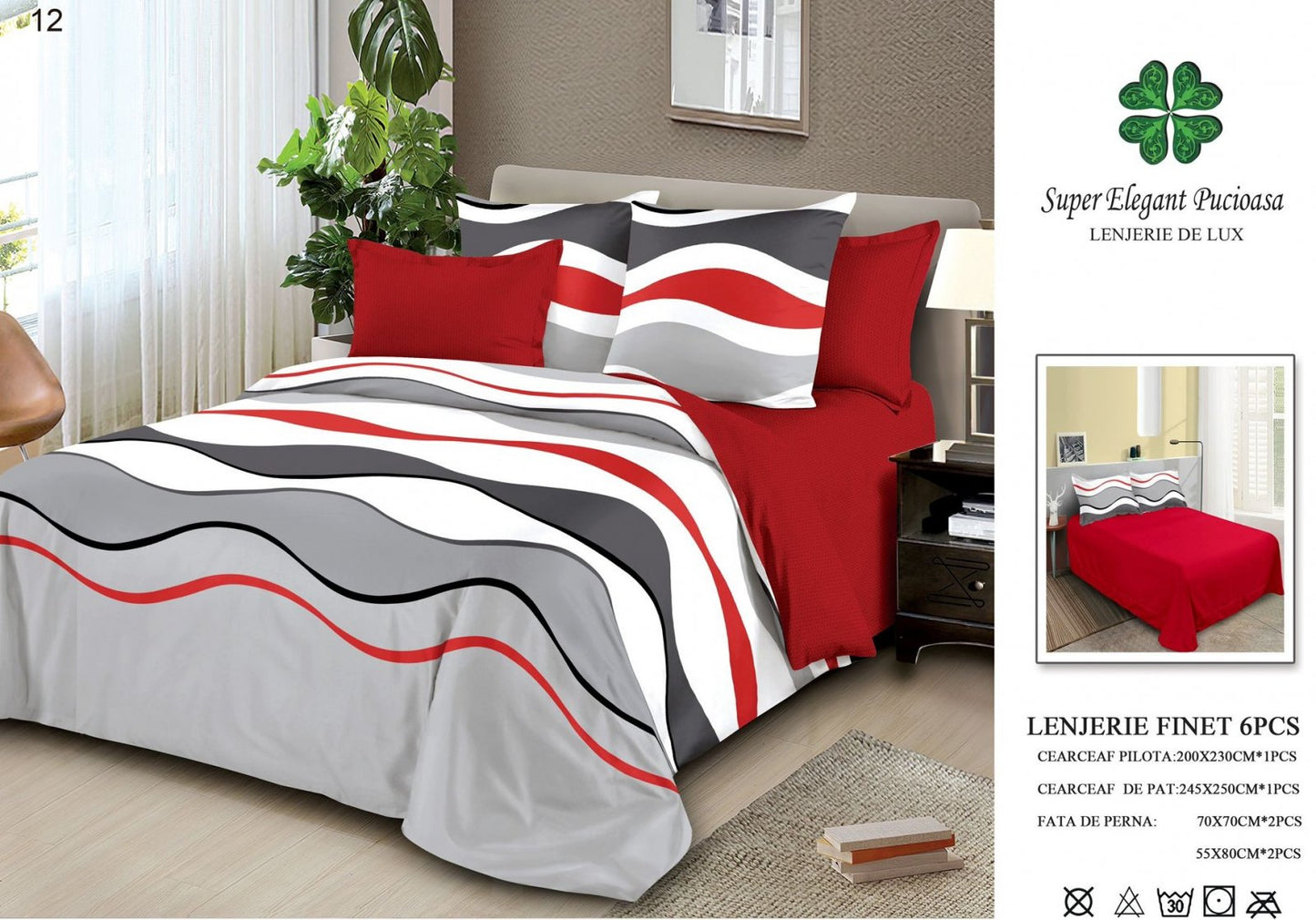 Lenjerie Pat Dublu, Finet, 6 Piese, Rosu/Gri/Alb-SEP7041