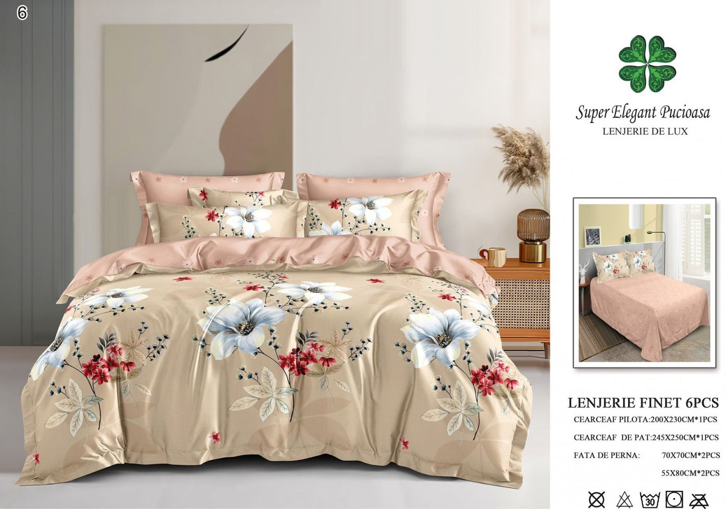 Lenjerie Pat Dublu, Finet, 6 Piese, Bej/Flori-SEP7043