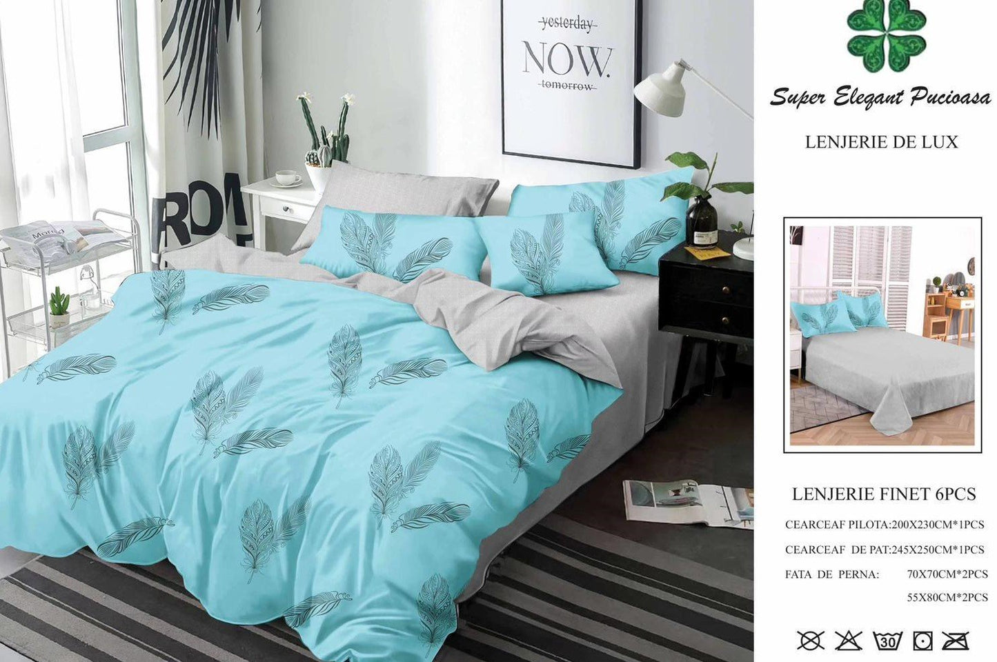 Lenjerie Pat Dublu, Finet, 6 Piese, Gri/Bleu/Pene-SEP7128