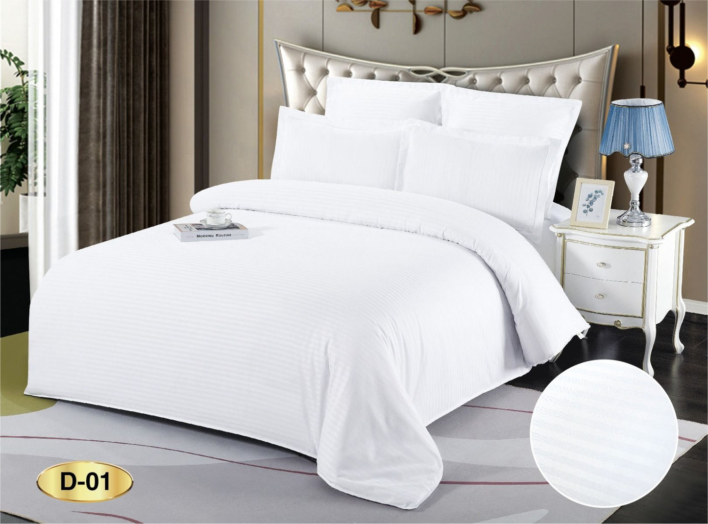 Lenjerie Pat 1 Persoana din Damasc Deluxe, 4 Piese, Alb-D10411