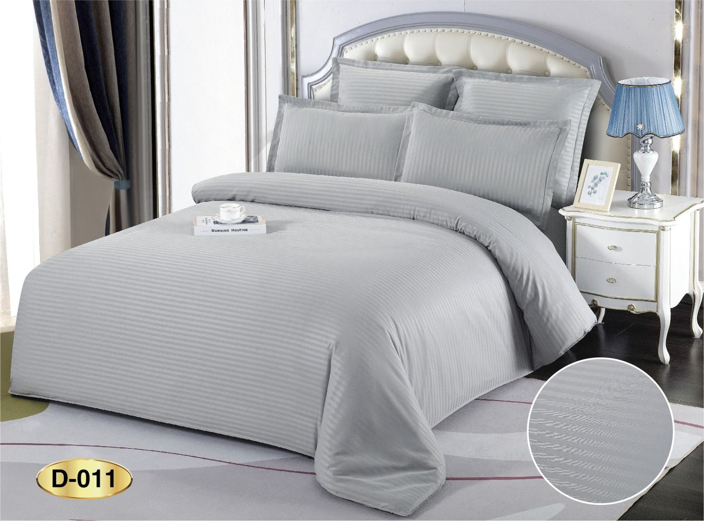 Lenjerie Pat Dublu din Bumbac Damasc, 6 Piese, Gri Deschis-D9224