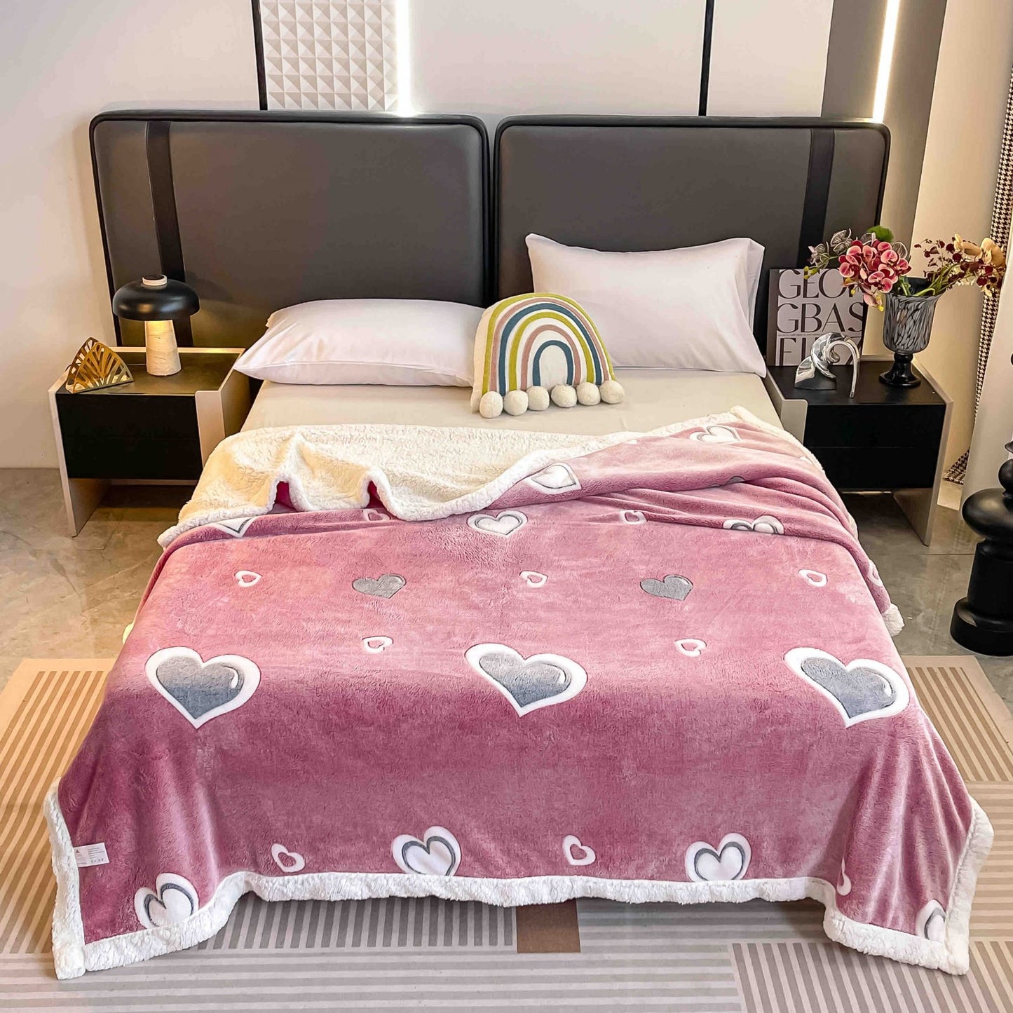 Patura Cocolino cu Blanita, 200x230cm, Roz/Inimi-C7486