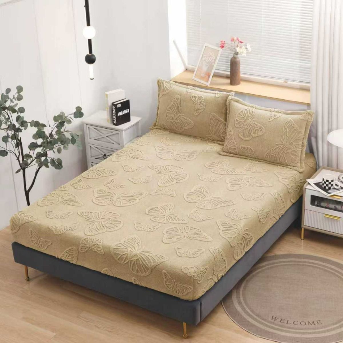 Husa Cocolino cu Elastic+2 Fete de Perna, Fluturi Gofrati, Bej-D9197