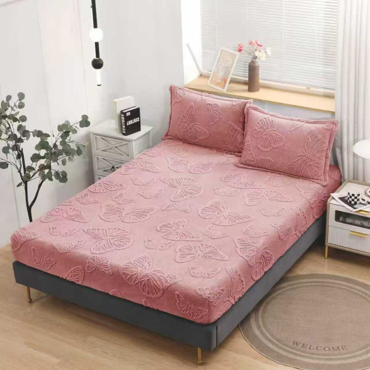 Husa Cocolino cu Elastic+2 Fete de Perna, Fluturi Gofrati, Roz-D9200