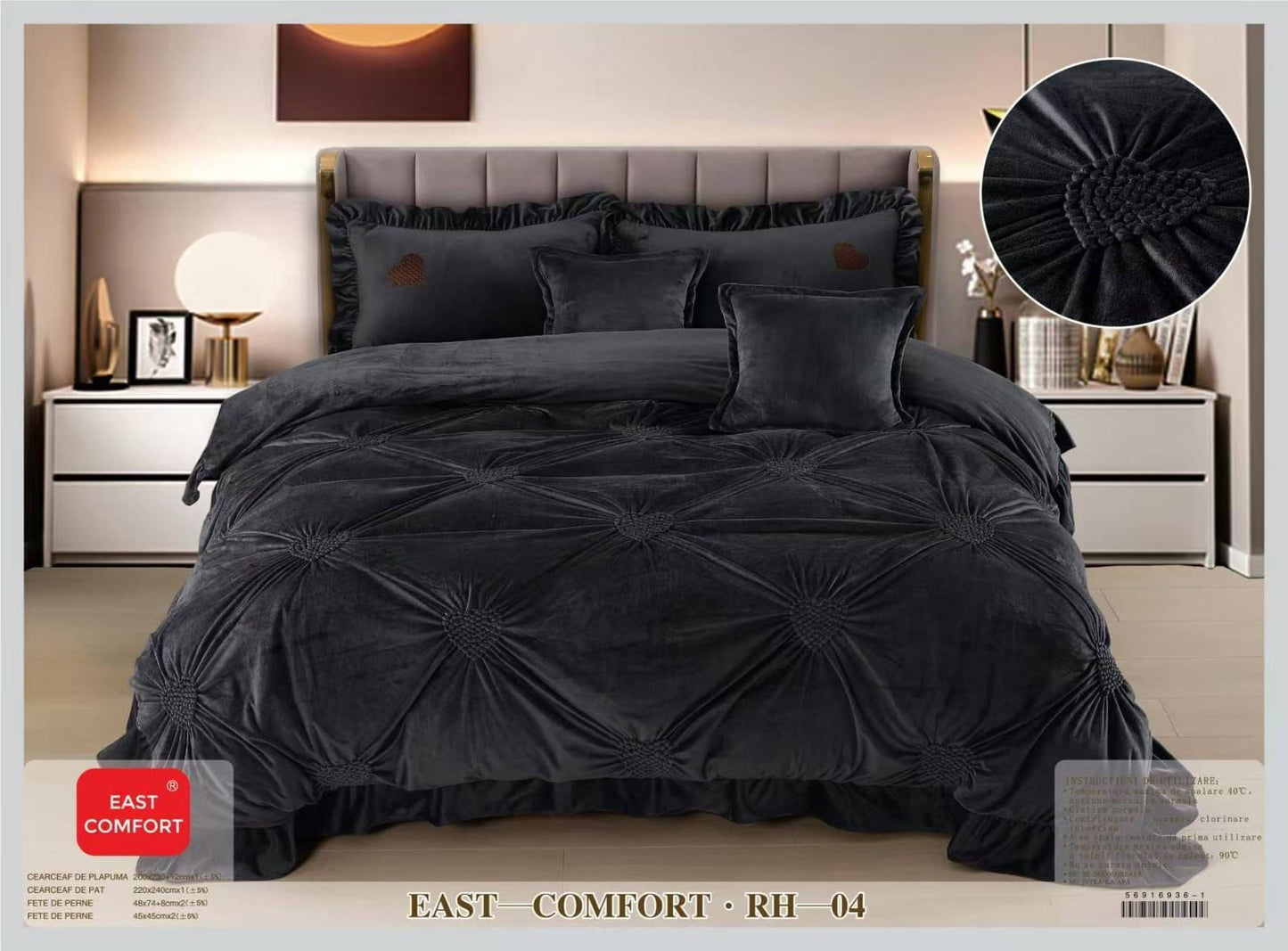Lenjerie Luxury din Catifea, 6 Piese cu Inimi Brodate si Volanas, Negru-D9214