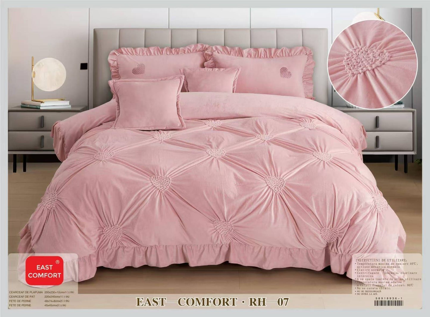 Lenjerie Luxury din Catifea, 6 Piese cu Inimi Brodate si Volanas, Roz-D9217
