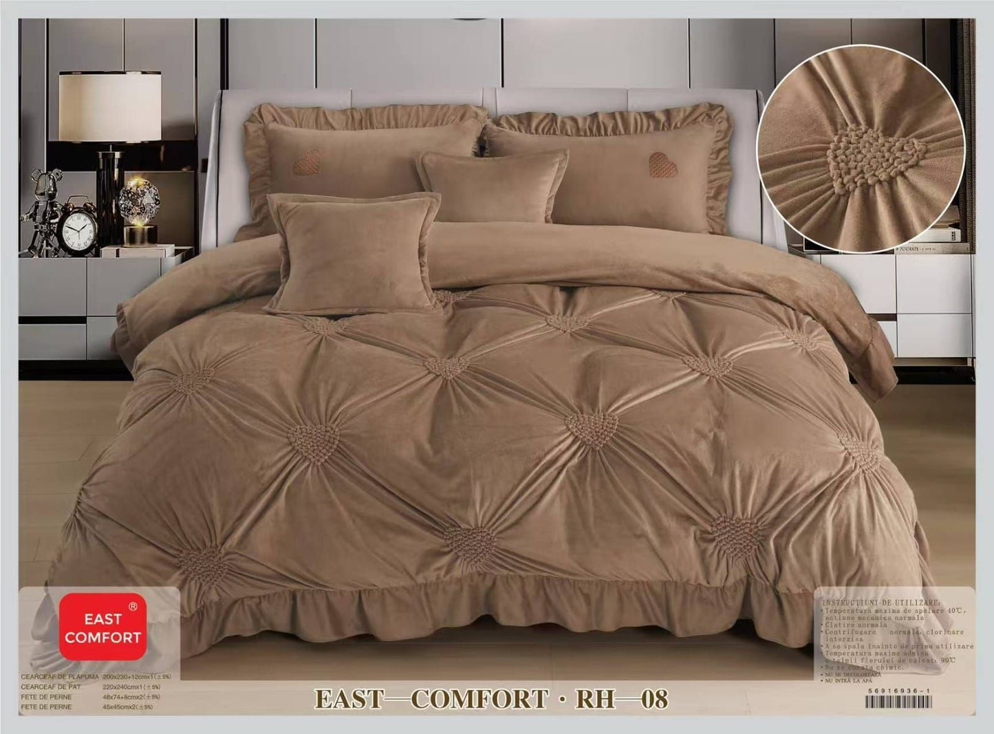 Lenjerie Luxury din Catifea, 6 Piese cu Inimi Brodate si Volanas, Maro-D9218