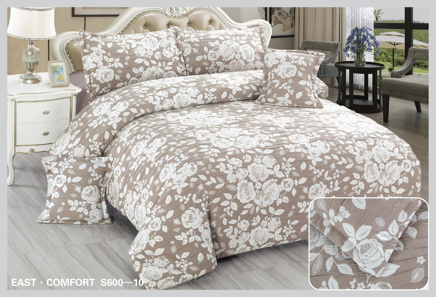 Lenjerie Pat Dublu din Finet Fin Creponat, 6 Piese, Beige Floral-D10587