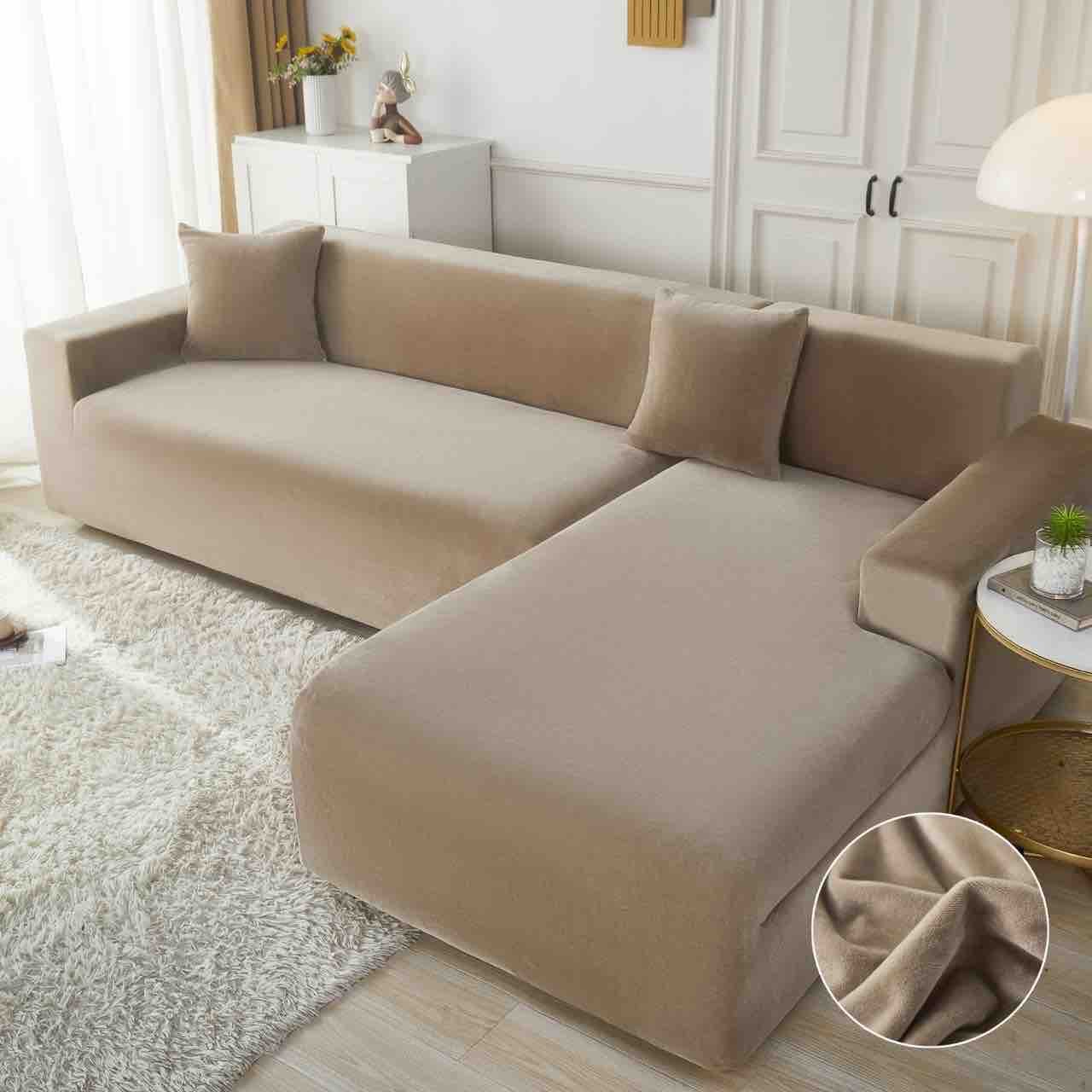 Set 2 Huse Elastice din Catifea Pentru Coltar, 2+3 Locuri+2 Fete de Perna, Bej-C8178