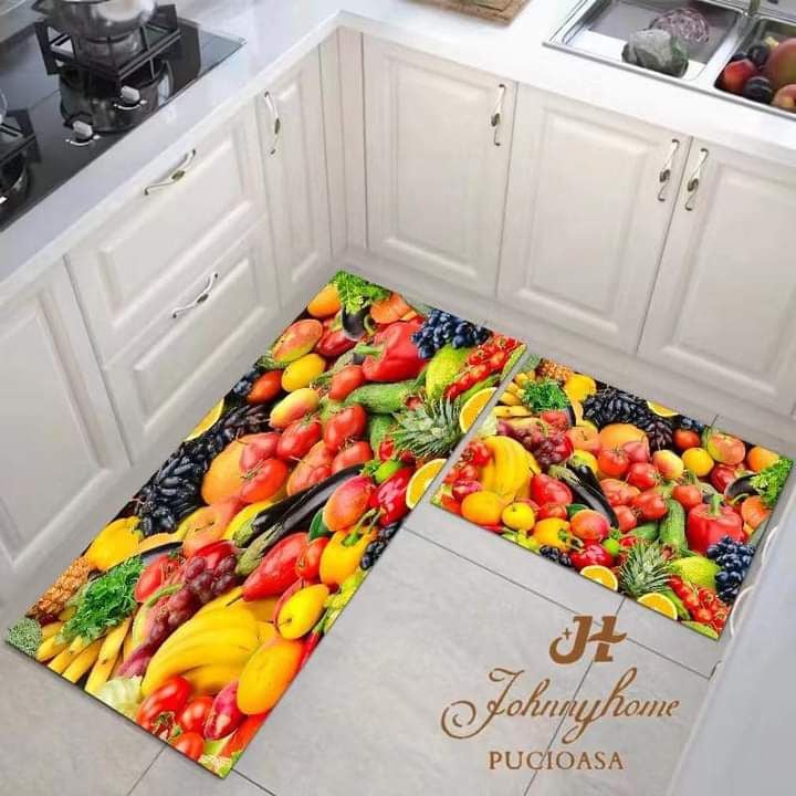 Set covoare bucatarie, din 2 Piese, 3D, Legume/Fructe-H6302
