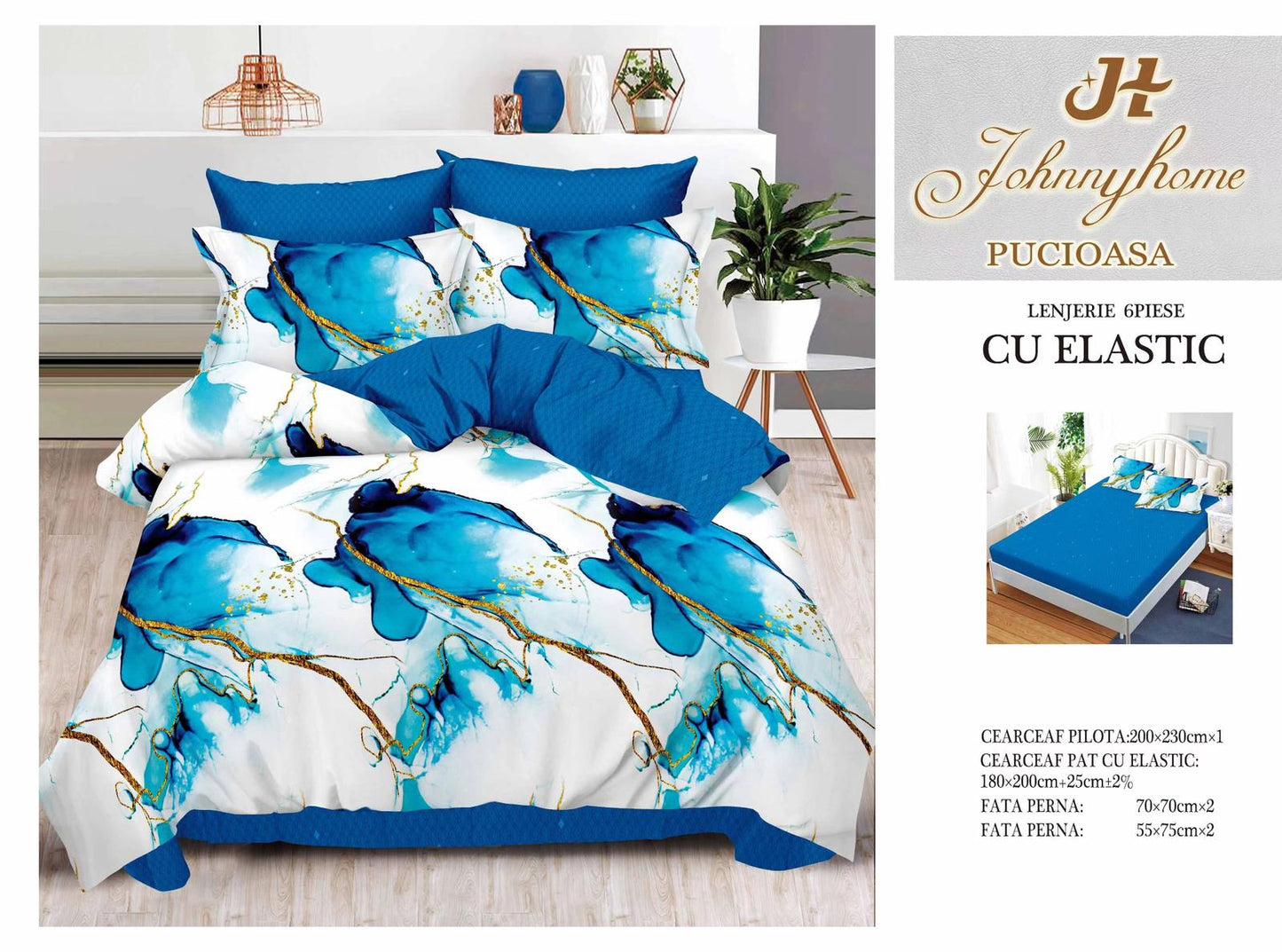 Lenjerie Pat Dublu din Finet, 6 Piese, cu Elastic, Pictura-H9038