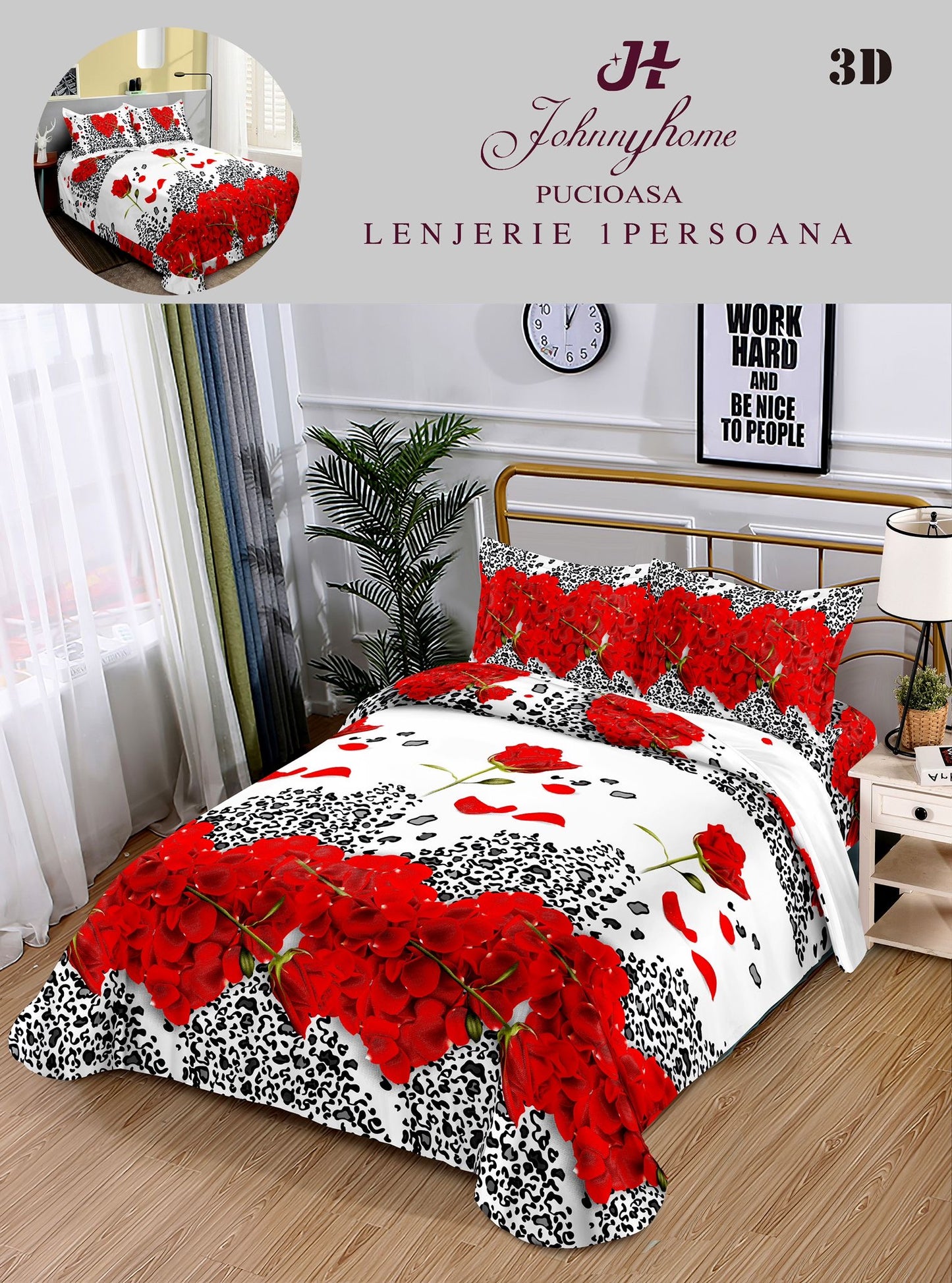 Lenjerie 3D, 1 Persoana Bumbac Satinat, 4 Piese-H10896