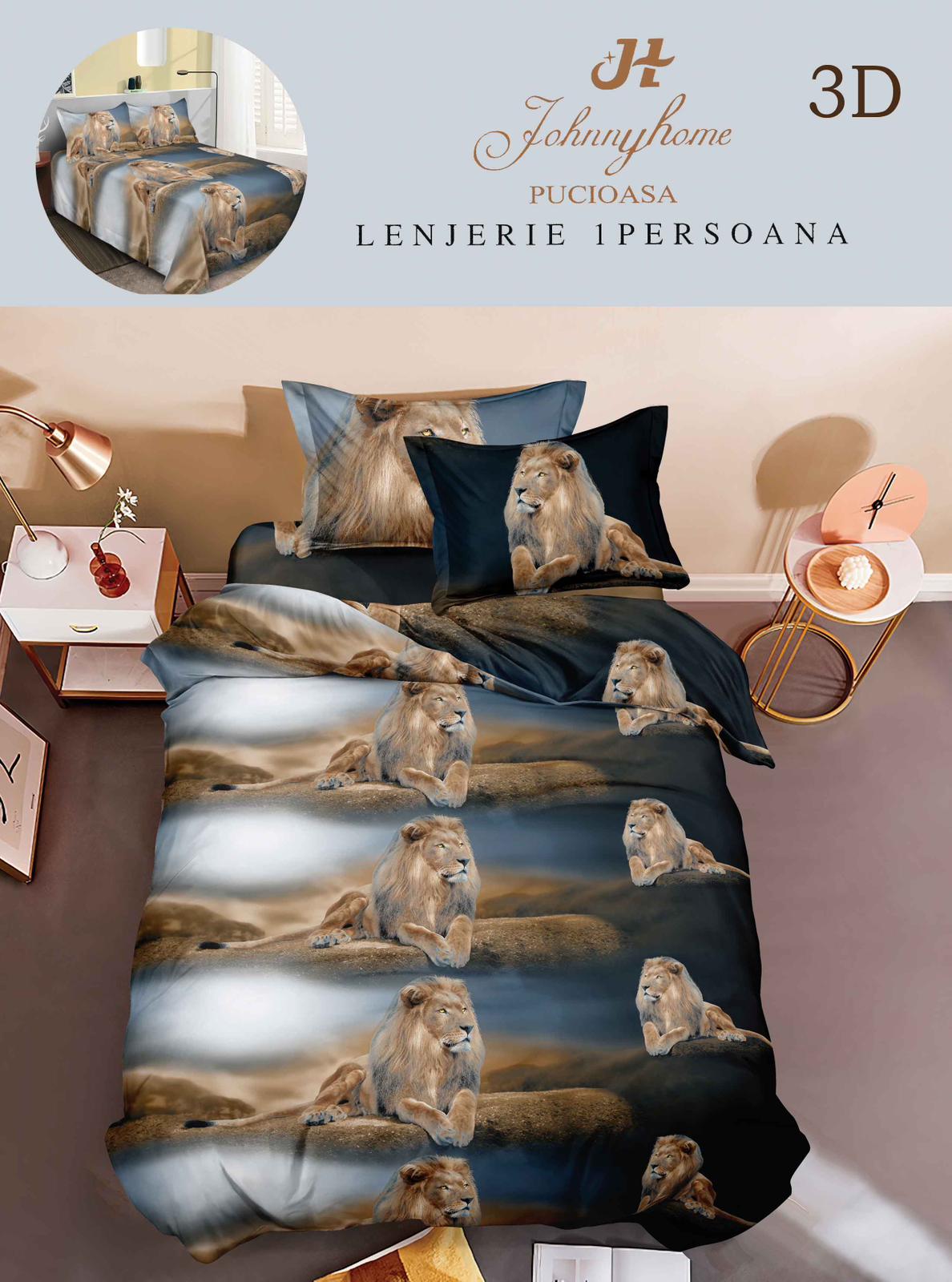 Lenjerie 3D, 1 Persoana Bumbac Satinat, 4 Piese-H10898