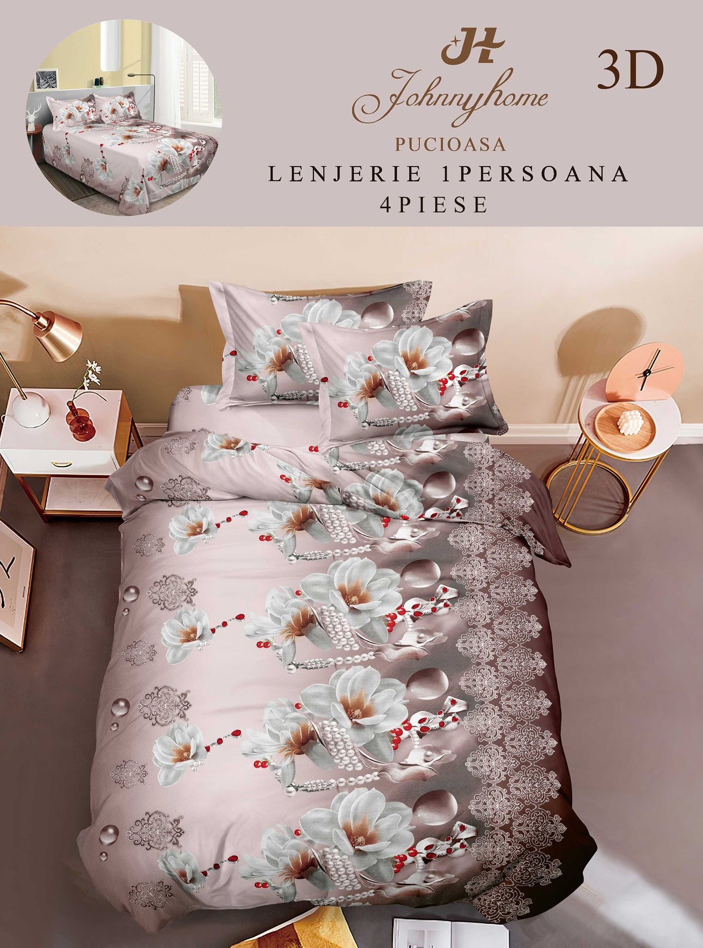 Lenjerie 3D, 1 Persoana Bumbac Satinat, 4 Piese-H10887