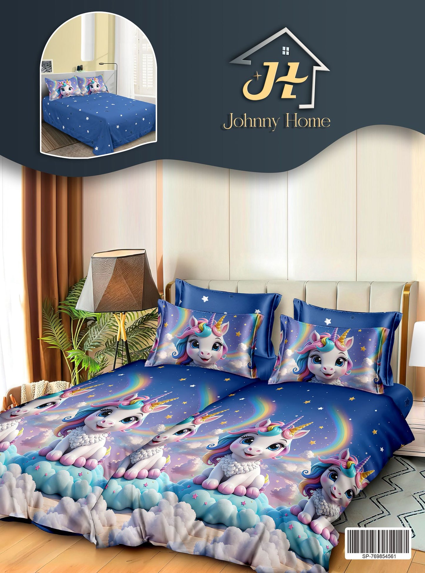 Lenjerie Pat Dublu Bumbac Satinat 7 Piese, cu 2 Cearceafuri de pilota, Unicorni-H11125