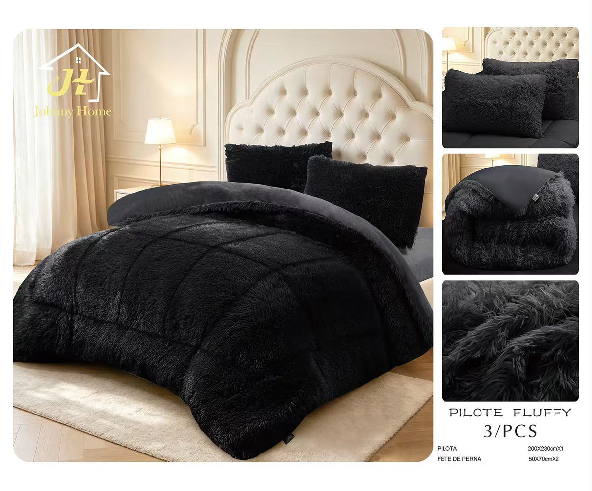 Pilota Cocolino Fluffy, 200x230cm cu 2 fete de perna 50x70cm, Negru-H11556