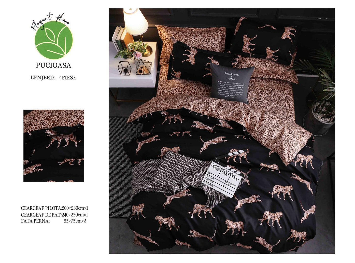 Lenjerie Pat Dublu din Bumbac Satinat Superior cu 4 Piese, Ghepard-H8493