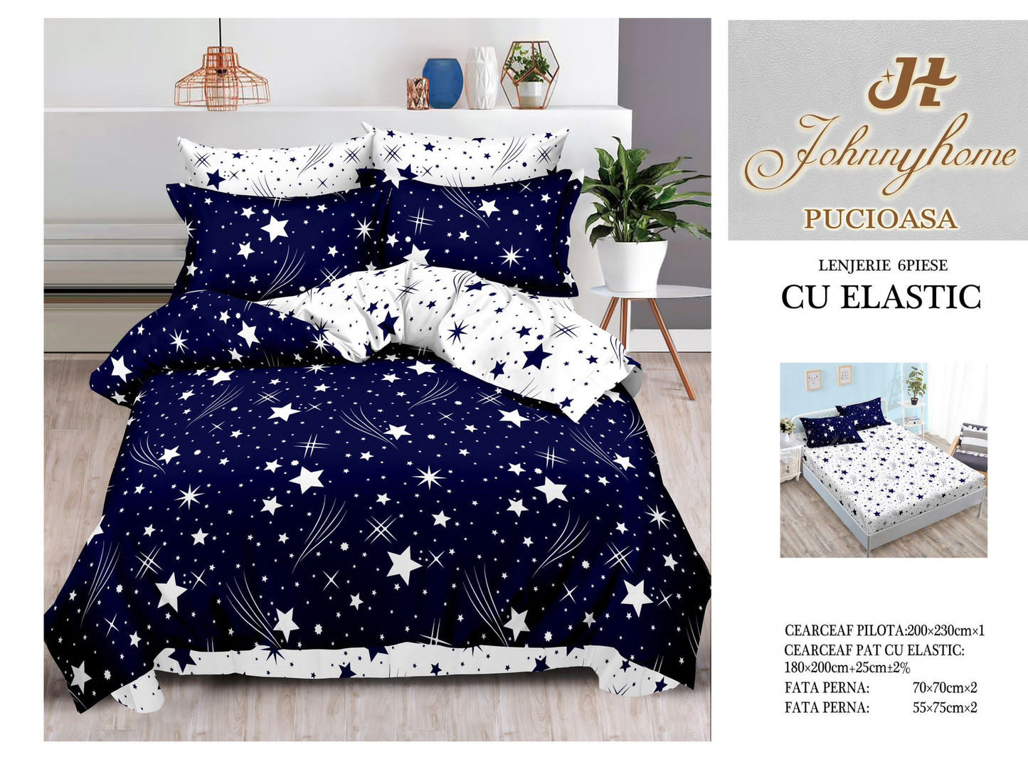 Lenjerie Pat Dublu din Finet, 6 Piese, cu Elastic, Bleumarin/Stele-H9067