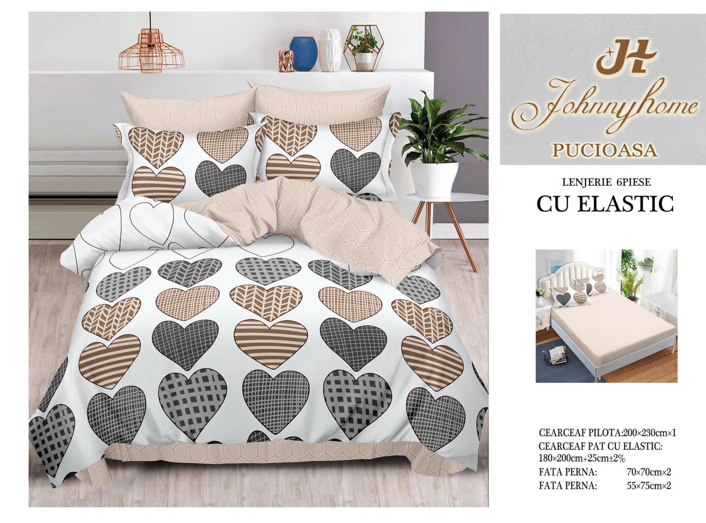 Lenjerie Pat Dublu din Finet, 6 Piese, cu Elastic, Inimi-H9068