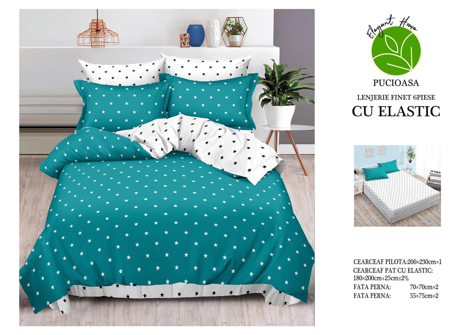 Lenjerie Pat Dublu din Finet, 6 Piese, cu Elastic, Turcoaz/Stele-H9069