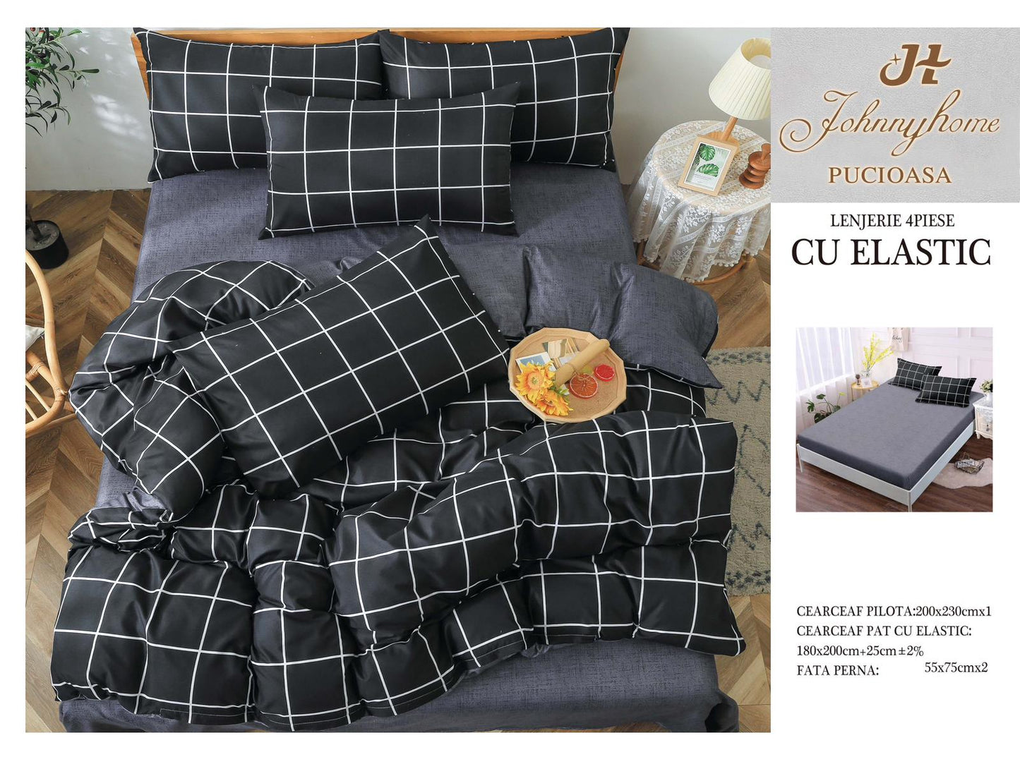 Lenjerie Pat Dublu cu Elastic din Bumbac Satinat Superior cu 4 Piese, Patrate-H8716