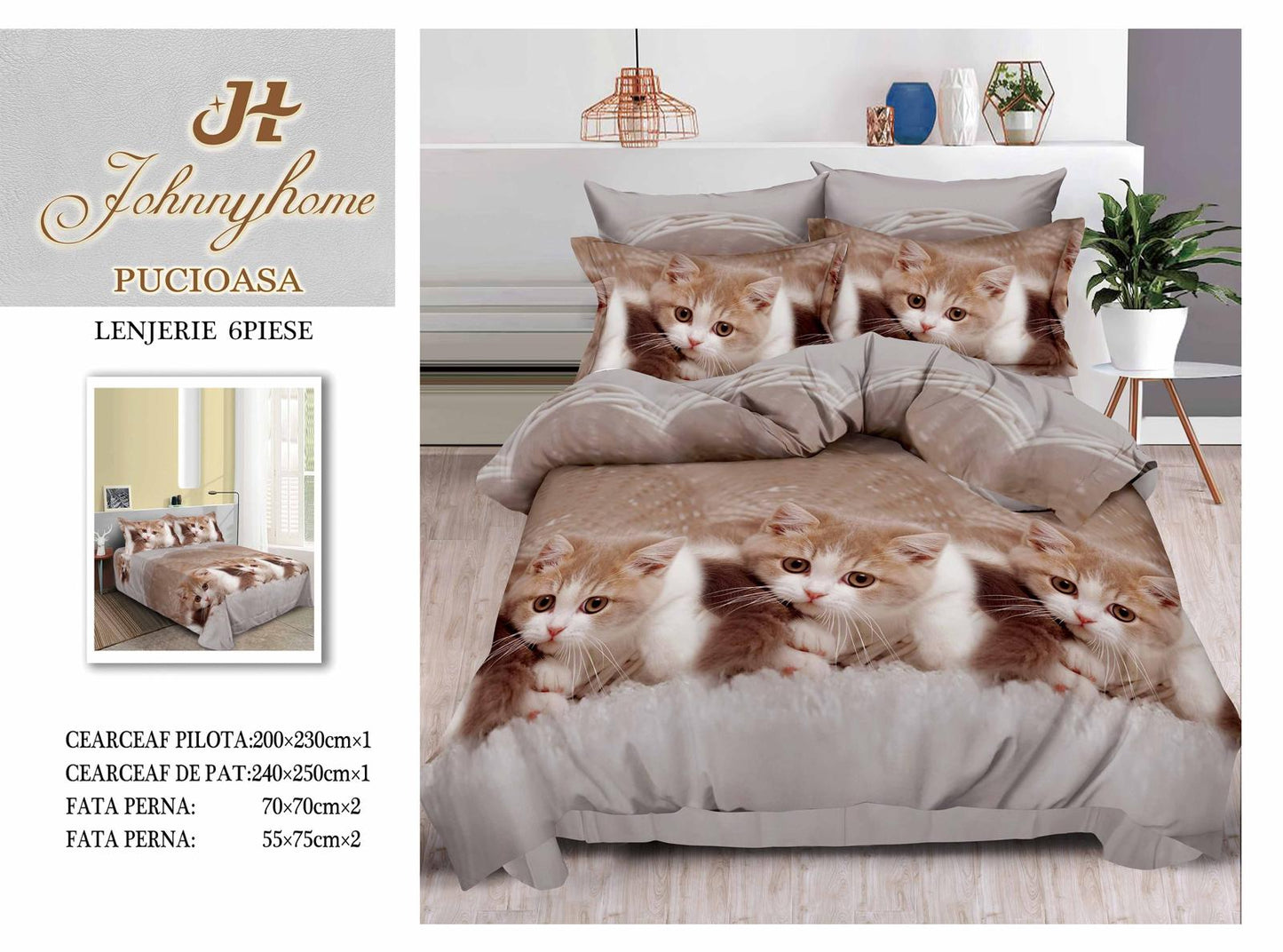 Lenjerie 3D Pat Dublu Bumbac Satinat cu 6 Piese, Pisicute-H8845